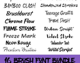 16 Brush Script Fonts Bundle – Hand-Painted Letters & Numbers, Bold Brushstroke Calligraphy, PNG/SVG/TTF, Cricut and Canva Fonts