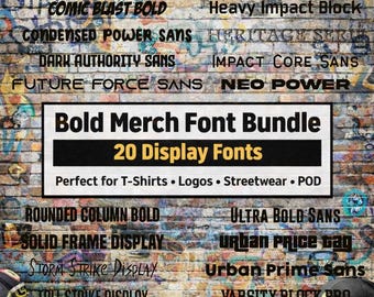 Bold Merch Font Bundle | 20 Bold Display Fonts for T-Shirts, Logos, Streetwear & POD | Heavy Sans, Urban, Poster Fonts | Commercial Use
