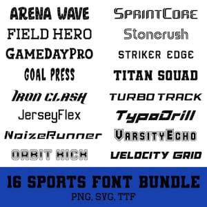 16 Sports Font Bundle PNG/SVG/TTF – Athletic Varsity Fonts, Bold Jersey Letters, Game Day Style, Cricut & Canva Ready