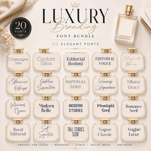 May include: A digital font bundle titled Luxury Branding Font Bundle featuring 20 elegant fonts displayed on individual perfume bottle graphics. The text includes names like Champagne Sans, Couture Sans, Editorial Bodoni, and Vogue Luxe.