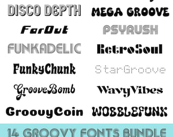 14 Groovy Font Bundle PNG/SVG/TTF – Retro Funky Fonts, Psychedelic Lettering, 70s Disco Vibes, Cricut & Canva Ready