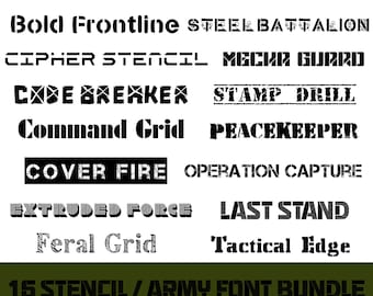 16 Stencil / Army Fonts Bundle – Military, Bold, Industrial, Distressed Typeface Pack for Cricut, Silhouette & Design Projects