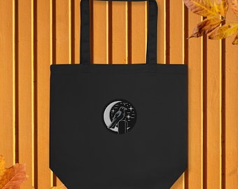 Embroidered Raven Moonlight Organic Cotton Tote Bag, Gothic Academia