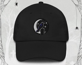 Embroidered Raven Dad Hat, Gothic Halloween Cap, Vintage Style