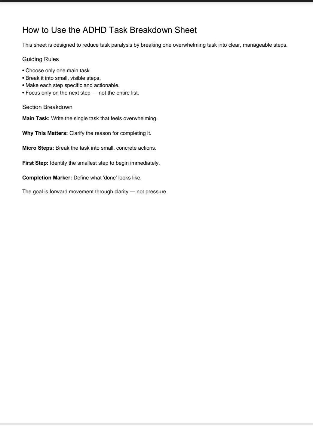 ADHD Task Breakdown Printable PDF | Executive Function Worksheet | Task ...