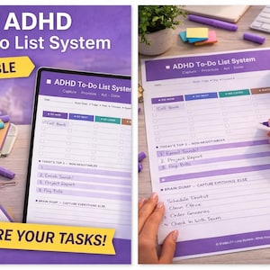 Puede incluir: Un sistema de lista de tareas ADHD imprimible con un diseño morado y blanco. La imagen muestra una tableta y una hoja impresa con secciones para tareas, incluyendo "Hacer ahora", "Hacer después" y "Hacer más tarde". El texto "¡Captura tus tareas!" también es visible.