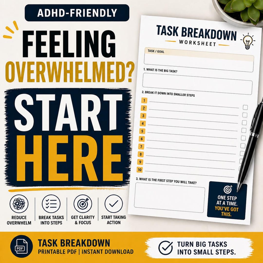 ADHD Task Breakdown Worksheet | Overcome Overwhelm, Start Tasks Easily ...