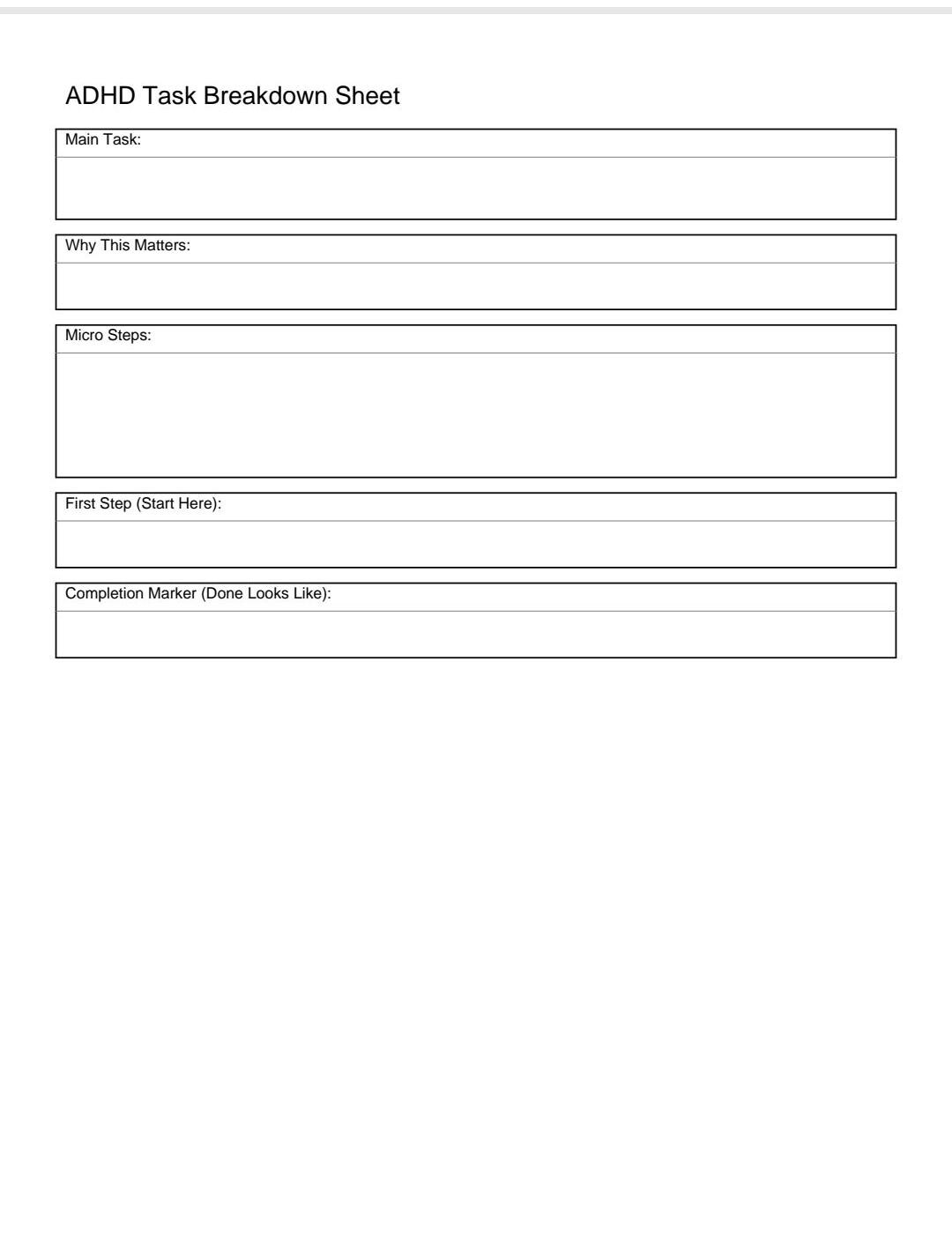 ADHD Task Breakdown Printable PDF | Executive Function Worksheet | Task ...