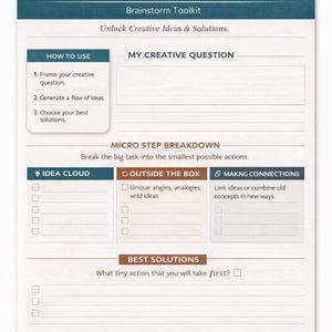 May include: A white and teal brainstorming toolkit titled "STABILITY Loop™". The toolkit includes sections for creative questions, idea generation, and solution selection. It features prompts for idea clouds, unique angles, and making connections.