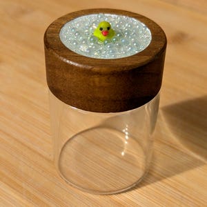 May include: A clear glass jar with a wooden lid. The lid features a miniature yellow rubber duck in a bubbly, clear liquid. The jar sits on a light brown wooden surface.