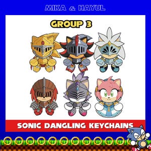 Puede incluir: Grupo 3 de llaveros colgantes de Sonic con personajes con armadura de caballero. Los personajes son Sonic, Shadow, Knuckles, Amy, Blaze y Silver. Los personajes están todos en un estilo chibi y llevan armadura de diferentes colores y diseños.