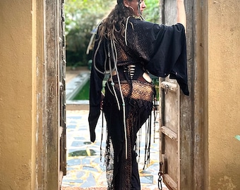 Geometry printed black and brown  fishnet skirt and  elven sleeves tunic set.