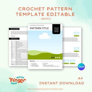 May include: A digital crochet pattern template with the text "CROCHET PATTERN TEMPLATE EDITABLE" and "PATTERN TITLE". The design includes a logo placeholder, a difficulty rating, and a list of materials. The template is labeled as "A4 INSTANT DOWNLOAD".