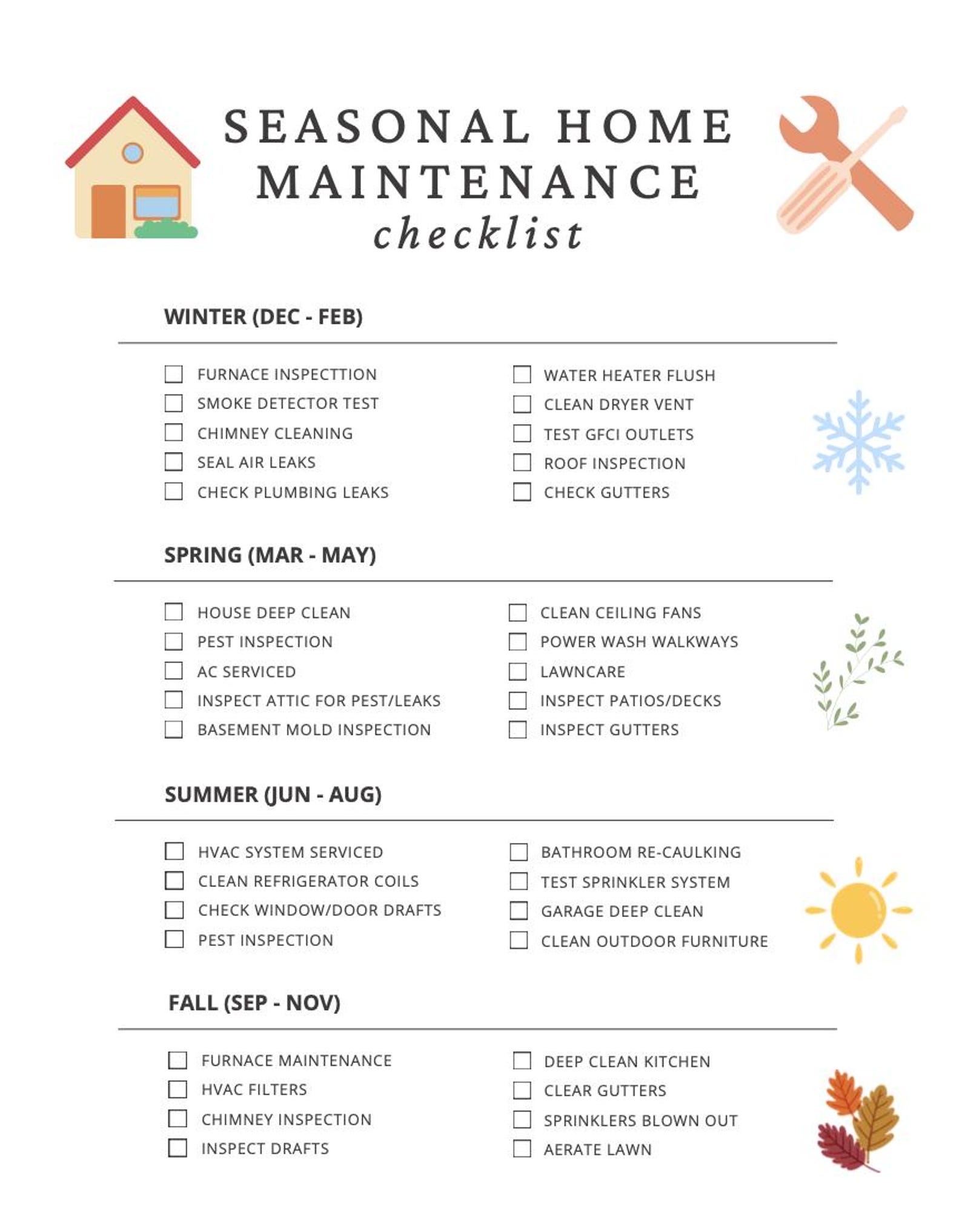 Printable Seasonal Home Maintenance Checklist Printable Seasonal Home Maintenance Checklist