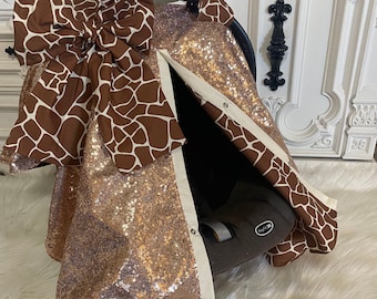 Rose gold and giraffe print car seat canopy