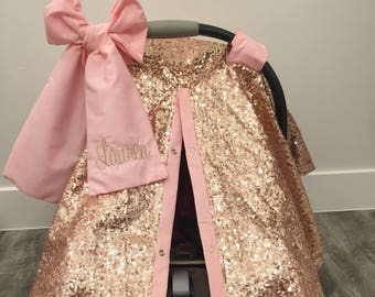 Rose Gold and Baby Pink car seat canopy  / carseat cover / carseat canopy /sequin / infant car seat cover / gold / sparkle