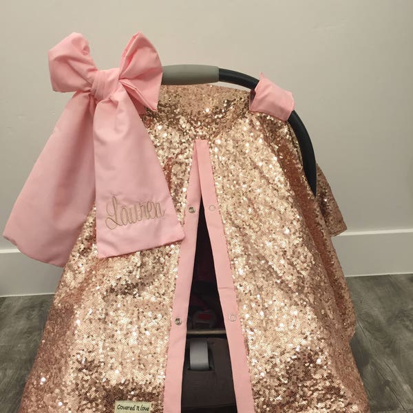 Rose Gold and Baby Pink car seat canopy  / carseat cover / carseat canopy /sequin / infant car seat cover / gold / sparkle