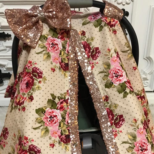 Car Seat Canopy Floral With Silver Sparkle Etsy