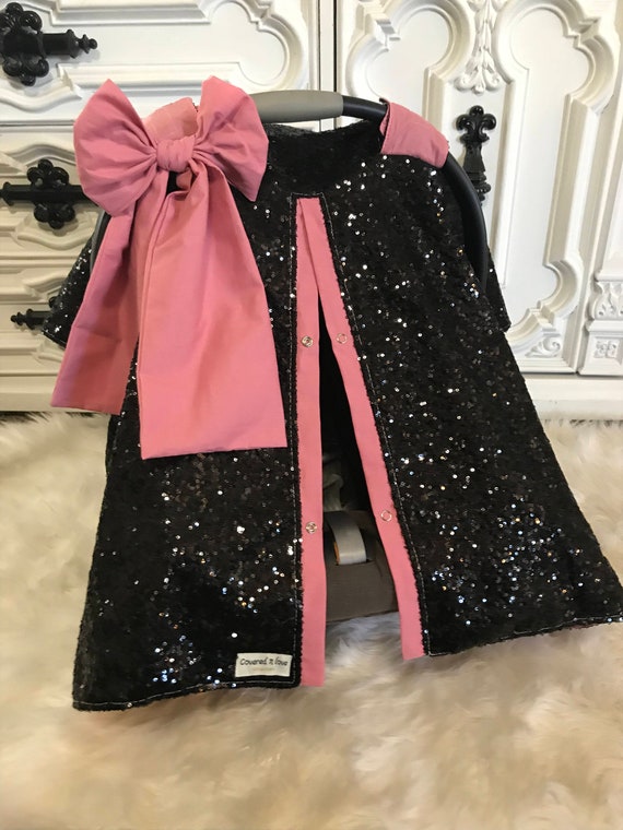 Black and Blush sparkle car seat canopy / carseat cover / carseat canopy / ooak / sequin / infant car seat cover / silver / sparkle