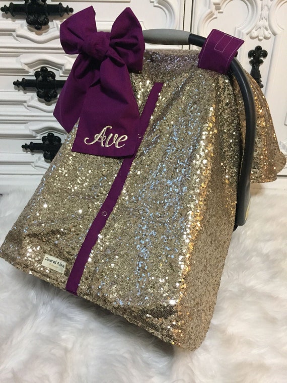 Gold and Wine car seat canopy with bow and name / carseat cover / carseat canopy / ooak / sequin / infant car seat cover / gold / sparkle