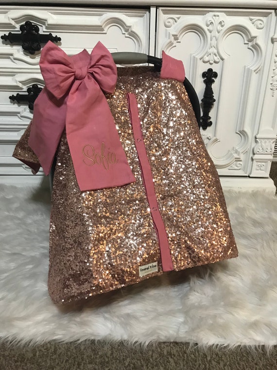 Car seat cover ,Rose Gold and Blush , comes with jumbo bow and name