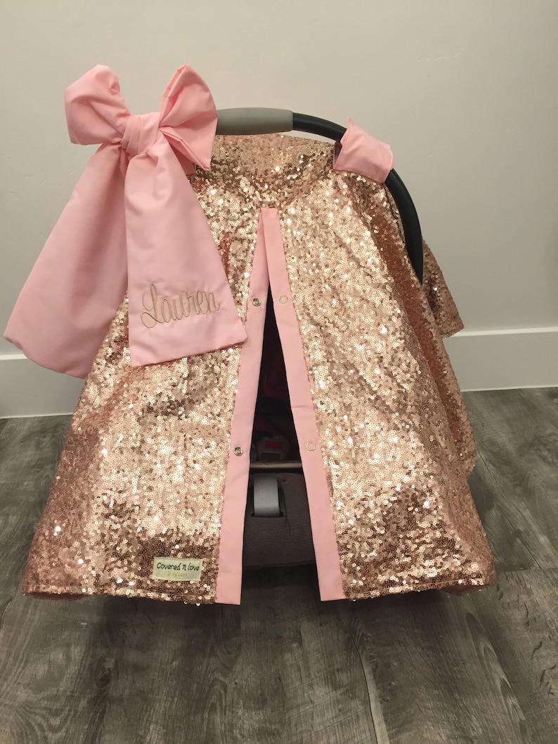 Rose Gold And Baby Pink Car Seat Canopy Cat Cover Sequin Infant Sparkle