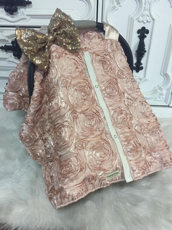 Rose Gold Rosette  sparkle car seat canopy , Gold and Light Pink , Comes with JUMBO bow