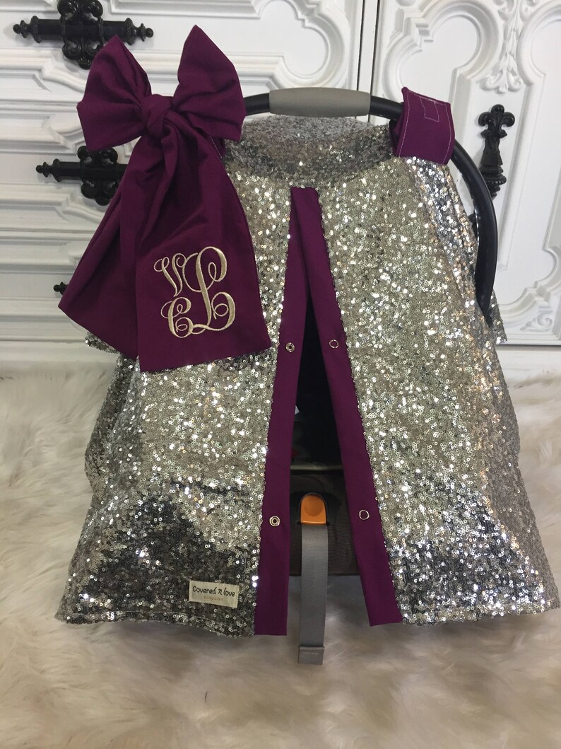 Silver Sparkle Car Seat Canopy With Bow and Name / Carseat Etsy