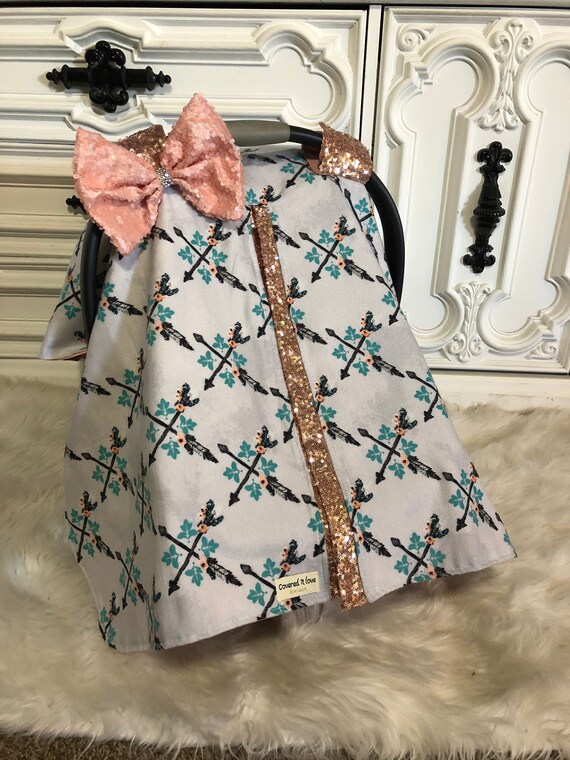 car seat canopy, arrow , rose gold sparkle accents , comes with removable jumbo sparkle bow
