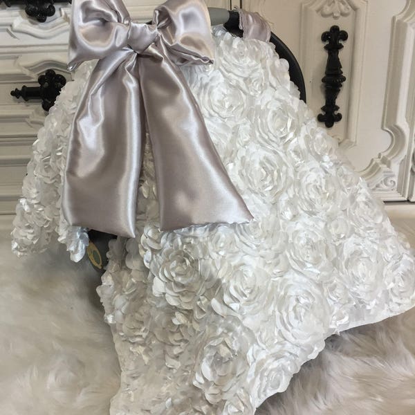 White car seat canopy / rosette / OOAK / White / Blessing / Christening / car seat canopy / car seat cover / jumbo bow