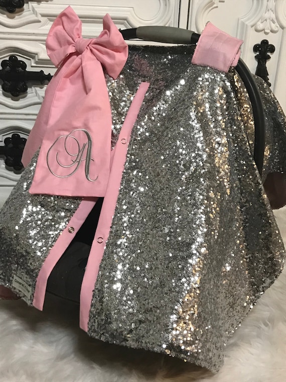 silver sequin car seat canopy , comes with bow and embroidery