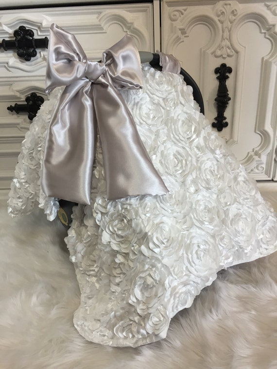 White car seat canopy / rosette / OOAK / White / Blessing / Christening / car seat canopy / car seat cover / jumbo bow