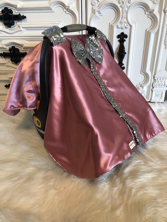 girl car seat canopy mauve and silver sparkle