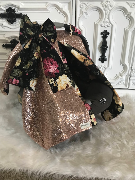 Rose gold and Floral sparkle car seat canopy  ,carseat cover / carseat canopy /sequin / infant car seat cover /  rose gold / sparkle