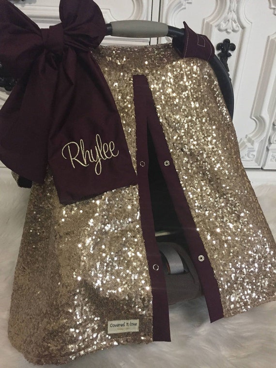 Gold  and Burgandy sparkle car seat canopy with bow and name / carseat cover / carseat canopy / ooak / sequin / infant car seat cover / gold