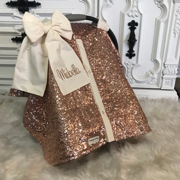 Rose Gold and Cream car seat canopy  / carseat cover / carseat canopy /sequin / infant car seat cover / gold / sparkle