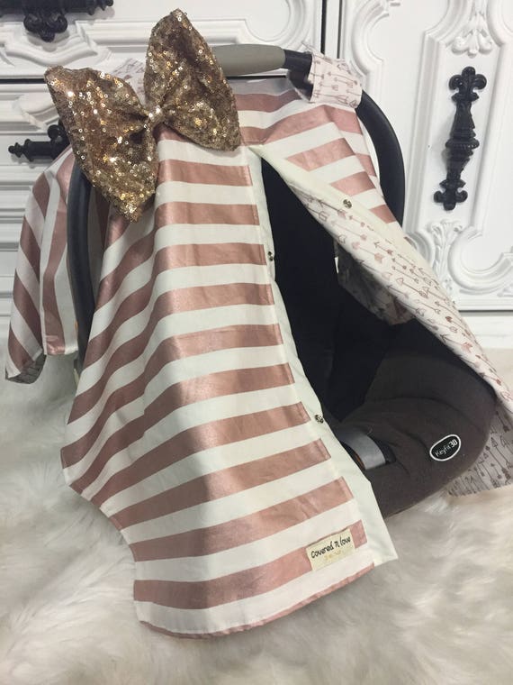 Rose Gold sparkle car seat canopy , Jumbo Gold Bling Bow , Comes with JUMBO bow