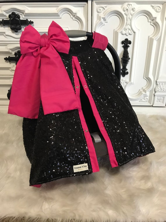 Black and Hot Pink sparkle car seat canopy / carseat cover / carseat canopy / ooak / sequin / infant car seat cover / silver / sparkle