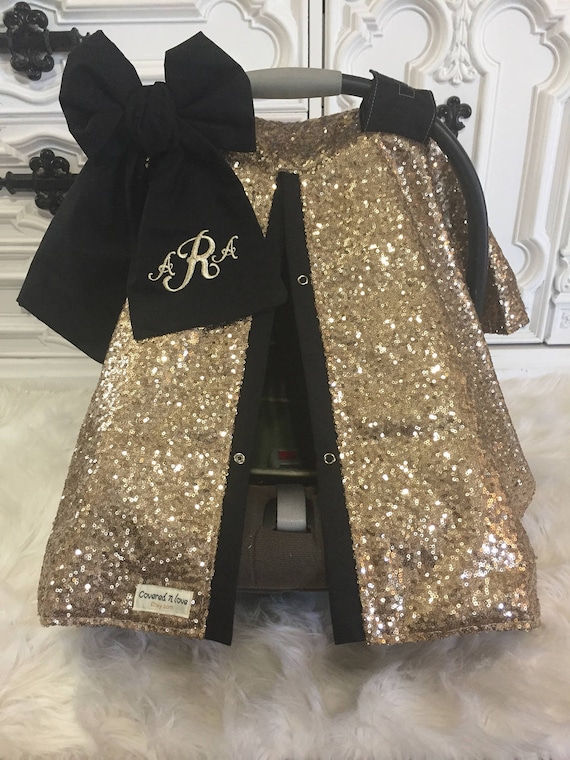 Gold  and Black sparkle car seat canopy with bow and name