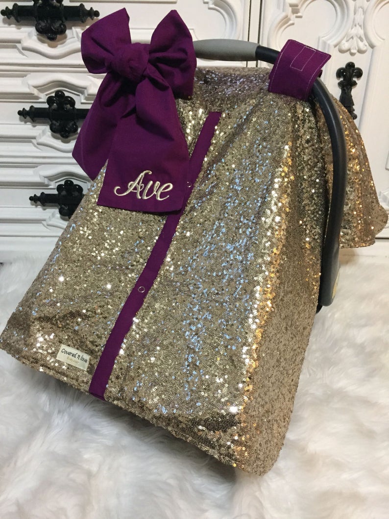 Gold sparkle car seat canopy with bow and name / carseat cover Etsy