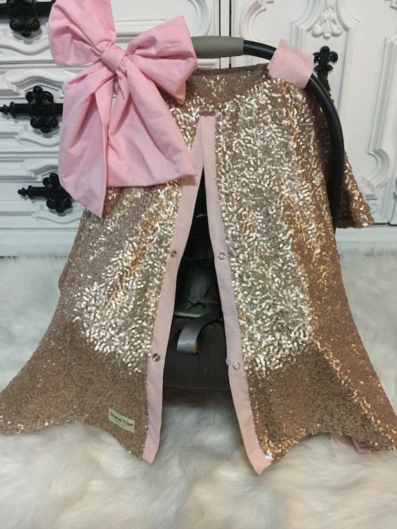 Gold sparkle car seat canopy , Gold and Light Pink , Comes with JUMBO bow