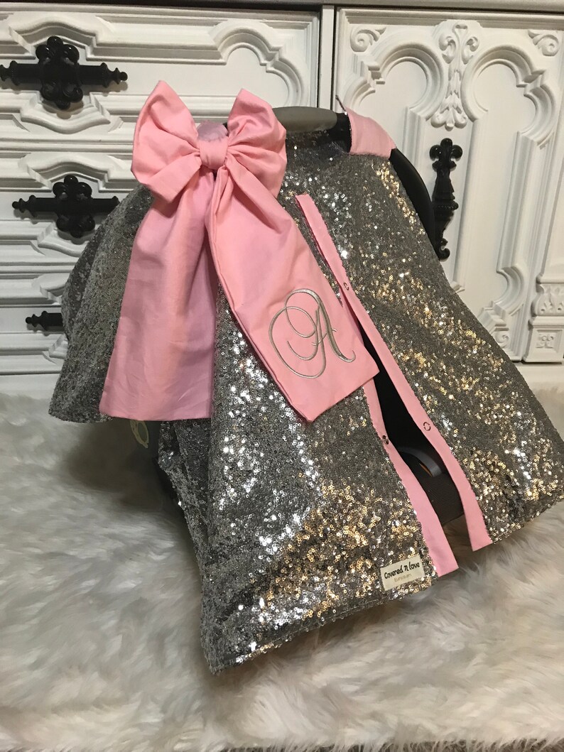 Silver Sparkle Car Seat Canopy With Bow and Name / Carseat Etsy