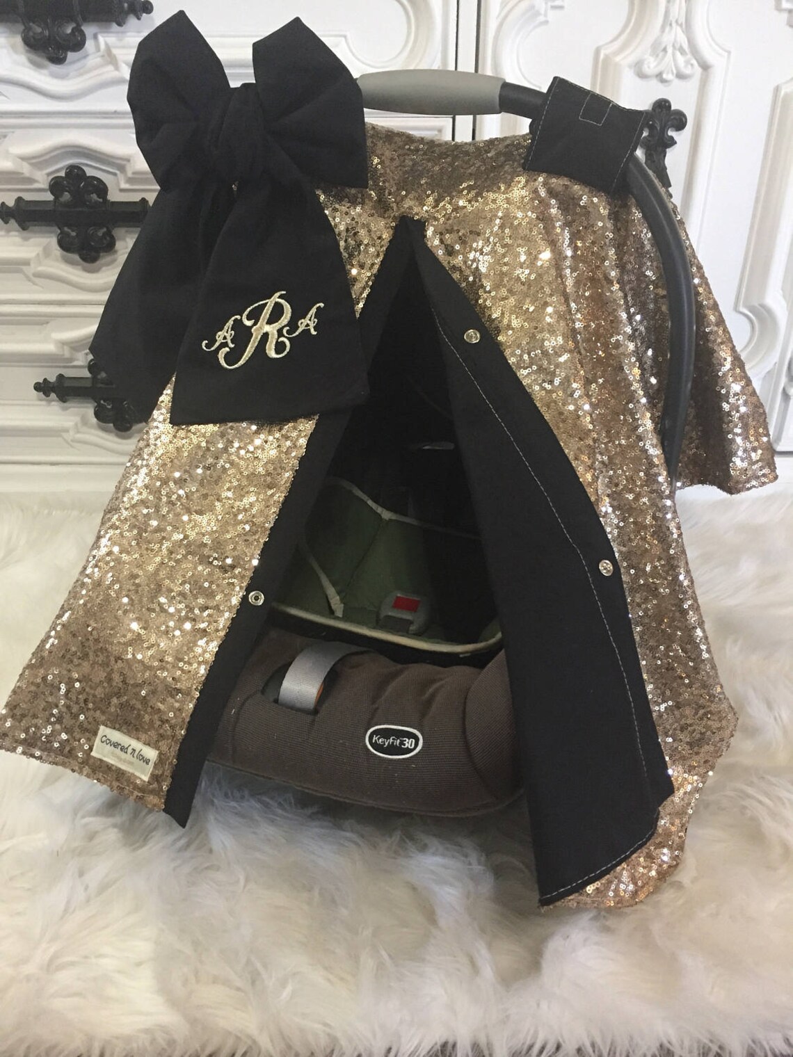 Gold and Black Sparkle Car Seat Canopy With Bow and Name Etsy