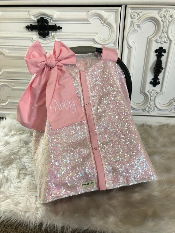 Iridescent And Baby Pink Car Seat Canopy Cat Cover - Baby Girl Car Seat Covers Glitter Iridescent And Baby Pink Car Seat Canopy Cat Cover - Baby Girl Car Seat Covers Glitter