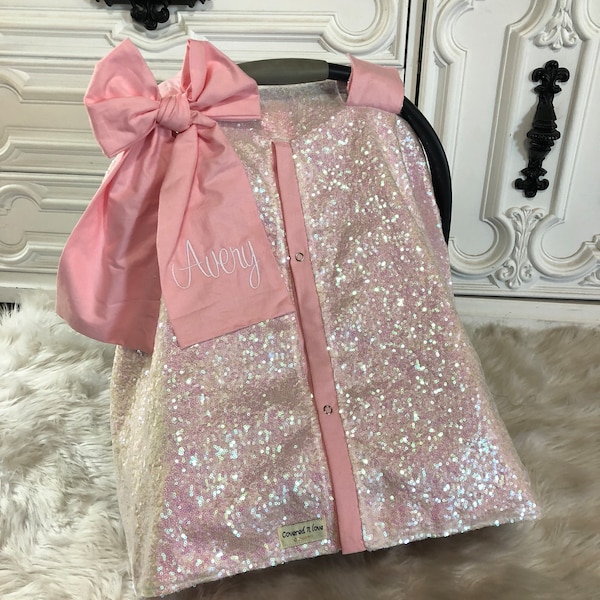 Iridescent and Baby Pink car seat canopy  / carseat cover / carseat canopy /sequin / infant car seat cover / sparkle
