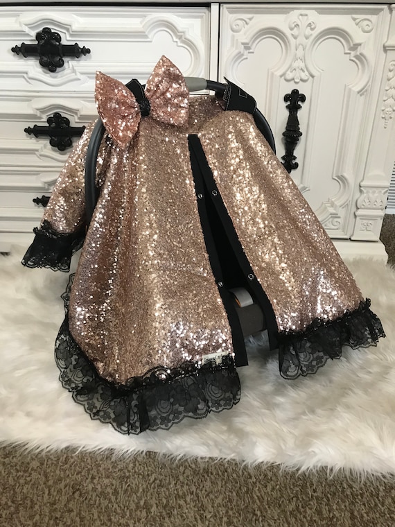 car seat cover , rose gold and black BLING , comes with bling bow and elegant lace ruffle