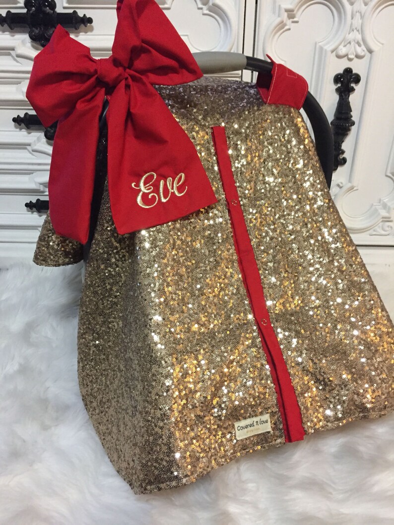 Gold sparkle car seat canopy with bow and name / carseat cover Etsy