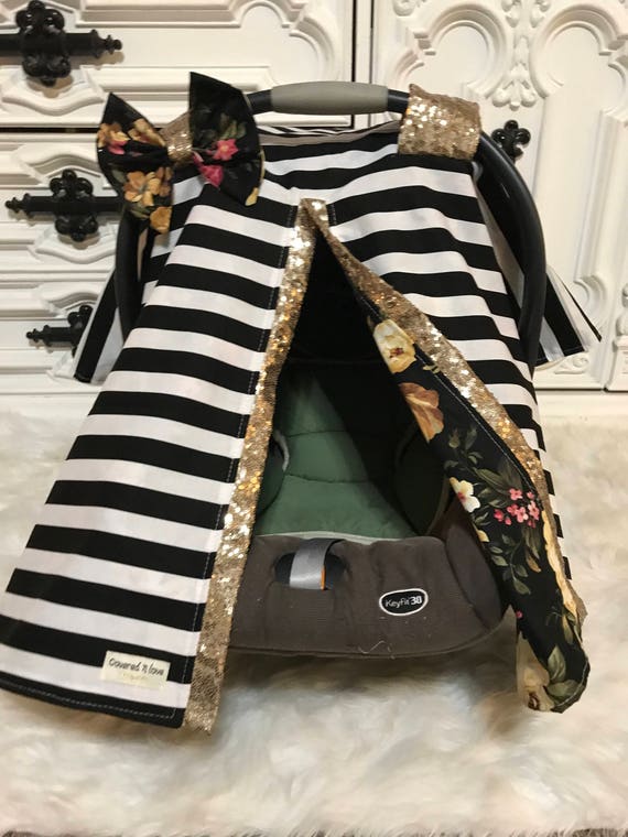Car seat canopy , gold sparkle with bow  ,  Just a touch of sparkle , simple , chic and elegant