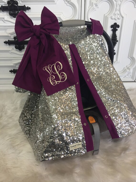 Silver Sparkle Car Seat Canopy With Bow And Name Cat Silver Sparkle Car Seat Canopy With Bow, Sparkle Car Seat Covers