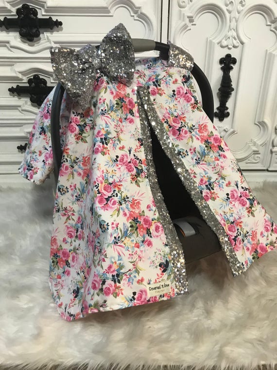 Car seat canopy , floral with silver sparkle